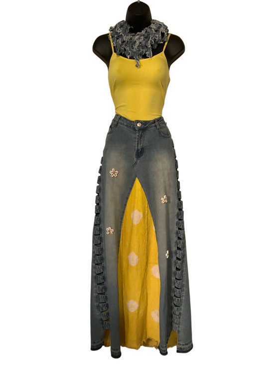 Platinum Plush Dresses & Skirts - AUTHENTIC Maxi Denim Skirt w/ Yellow/White Mudcloth Inset & Cowrie Shells
